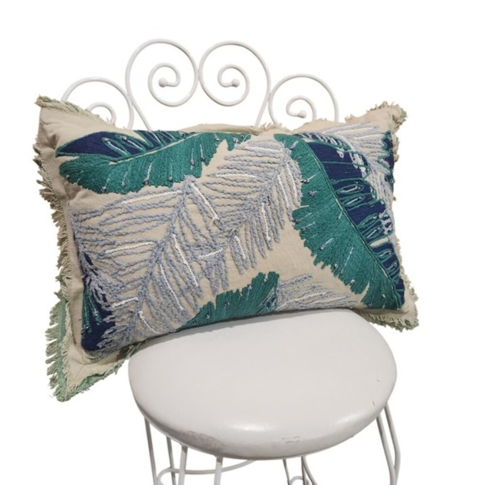 Tropical Leaf Embroidered Lumbar Pillow Coastal Boho Fringe Accent